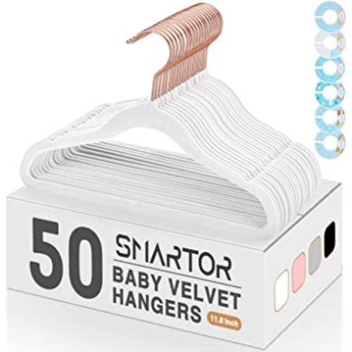 Premium Velvet Baby Hangers for Closet 50 Pack, 11.8" Safe Durable Baby Clothes Hangers for Nursery with 6 Pcs Closet Dividers, Sturdy Felt Hangers for Toddler/Infant/Kids/Childrens - White