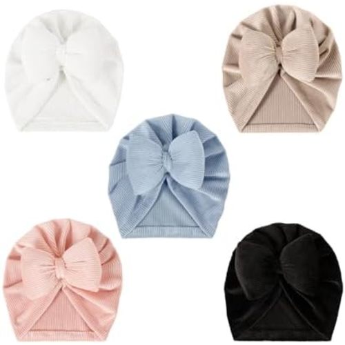 5 PCS Baby Hair Bow Hats, Baby Turban for Baby Girls, Toddler Hat with Bows for Girls, Infant Caps