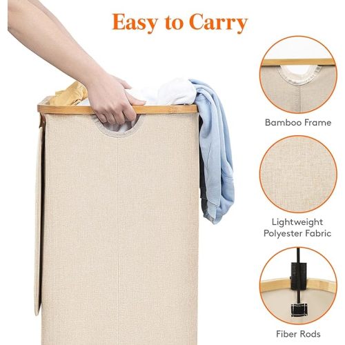 Lifewit 100L Laundry Basket with Lid, Clothes Hampers for Laundry with Bamboo Handles and A Removable Laundry Bag, Large Foldable Laundry Hamper for Bedroom, Bathroom, Dorm, Laundry Room, Beige