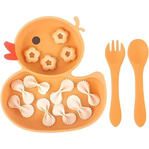 Qshare Powerful Suction Plates for Baby and Toddler,Baby Divided Plate,Thanksgiving Plates with Fork and Spoon,Duck Baby Plate Non-Slip,BPA Free,Microwave & Dishwasher Safe (Orange)