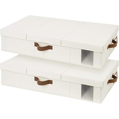 StorageWorks Underbed Storage Box with Lid, Underbed Organiser with Handles, Bedroom Underbed Container, Collapsible Clothes Bins, Blanket Organiser, Large, Beige, 2 Pack