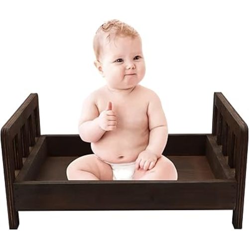 SPOOKI Newborn Photography Props Bed,0-2 Months Brown Wooden Posing Baby Photoshoot Props Bed, Boys Girls Doll Bed Studio Props with Box for Newborn Photoshoot (A)