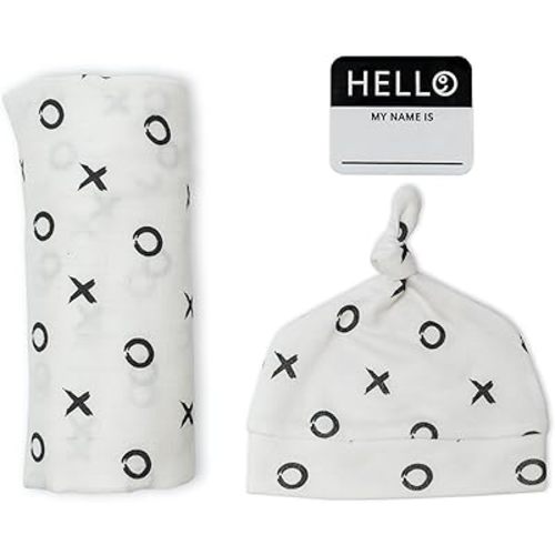 Lulujo Baby Hello World Newborn Hat and Swaddle Blanket Set, Hugs & Kisses