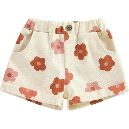 Toddler Baby Girls Floral Shorts Summer Elastic Waist Flower Print Short Jeans Pull On Denim Shorts with Pockets