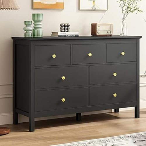 Black Dresser for Bedroom with 7 Drawers, 47'' Wide Modern Chest of Drawer with Gold Handles, Wood Storage Dresser TV Stand Dressers for Closet, Living Room, Kids Room, Entryway