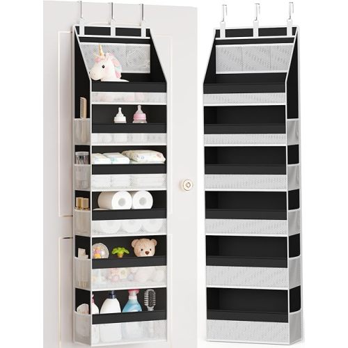 Over the Door Organizer, Heavy-Duty 6-Shelf Hanging Storage with 13 Mesh Pockets, 55lbs Capacity Behind the Door Storage for Nursery, Bathroom, Bedroom, and Dorm, Black
