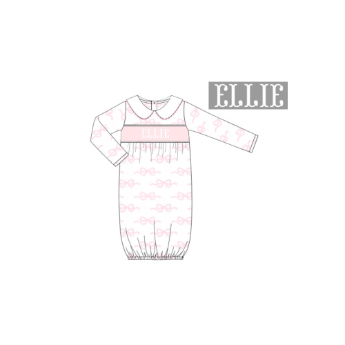 Pre-Order Hand Smocked Custom Name Pink Bow Knit Gown