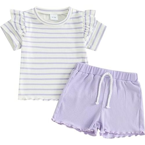 Toddler Baby Girl Summer Outfits Ribbed Knit Crewneck Short Sleeve Tops Elastic Waist Shorts Infant 2Pcs Clothes Set
