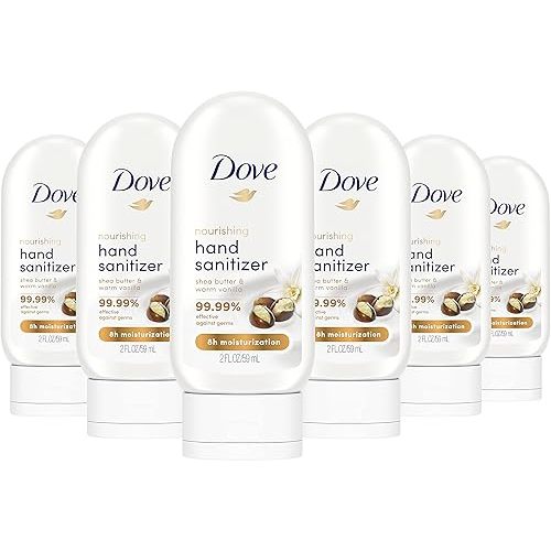 Dove Nourishing Hand Sanitizer 99.99 percent Effective Against Germs Shea Butter and Warm Vanilla Antibacterial Gel with 61 percent Alcohol and Lasting Moisturization For Up to 8 Hours 2 oz 6 Count