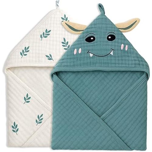 Chungie Soft Muslin Hooded Baby Towels – 100% Cotton, 6-Layer Breathable Newborn Bath Towels with Hood, Pack of 2 (Printed + Embroidered, 32x32 inches)