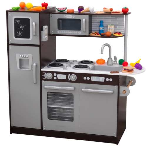 KidKraft Large Uptown Espresso Wooden Play Kitchen with 30-Piece Food Accessories