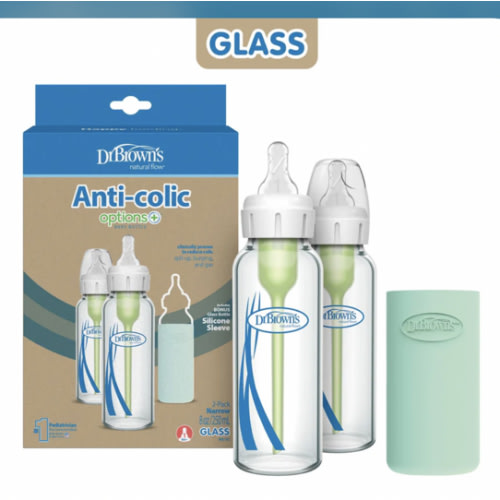 Dr. Brown's Natural Flow Anti-Colic Options+ Narrow Glass Baby Bottle with Silicone Sleeve, 2-Pack