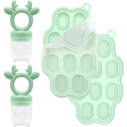 2 Sets Silicone Breastmilk Popsicle Molds with Baby Food Feeder, BPA Free Fruit Feeder Pacifier with Frozen Ice Tray for Baby Feeding Safely, Infant Fruit Teething Toy for Baby Boy Girl Gifts (Green)