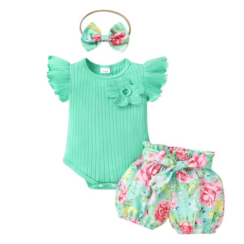 Tiny Cutey Baby Girl Clothes Infant Summer Outfits Set Ruffle Sleeve Romper and Floral Shorts with Headband