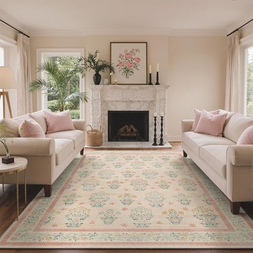 GENIMO 8x10 Vintage Floral Area Rug, Soft Microfiber Washable Rug with Non-Slip Backing, Pink Carpet for Living Room, Bedroom and Dining Room