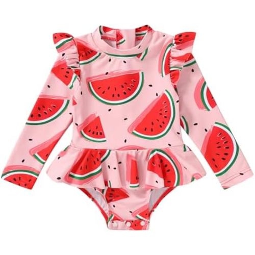 YOUNGER TREE Baby Swimsuit Girl Long Sleeve Ruffle Zipper Rash Guard Infant One Piece Swimwear Toddler Bathing Suit Girl