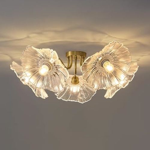 Flower Glass 5 Lights Ceiling Light - Gold Vintage Floral Semi Flush Mount Chandelier Lightin Fixture - Mid Century Modern Art Deco Lamp for Bedroom Bathroom Hallway Hall Laundry Kitchen Dining Room