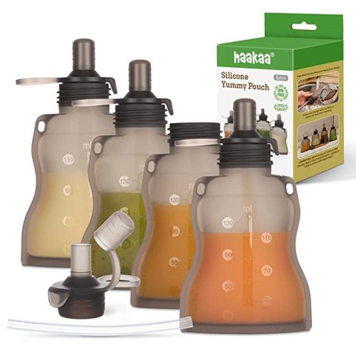 haakaa Reusable Baby Food Pouches Refillable Baby Squeeze Silicone Yummy Pouch, Soft Reusable Squeeze Storage Food Pouch for Kids Toddler,Home Made Food Puree,Smoothie Pouch Bag, 4oz, 4 Pack,6m+ - Gray - 4-Pack