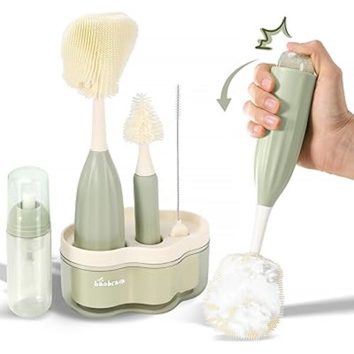 Baby Bottle Brush Set [Push-Press + Bendable Bottle Brush: 360°Comprehensive Cleaning] Baby Bottle Cleaner Brush Set for Baby Bottle/Nipple/Straw/Breast Pump Drying Rack and Travel Bag Included