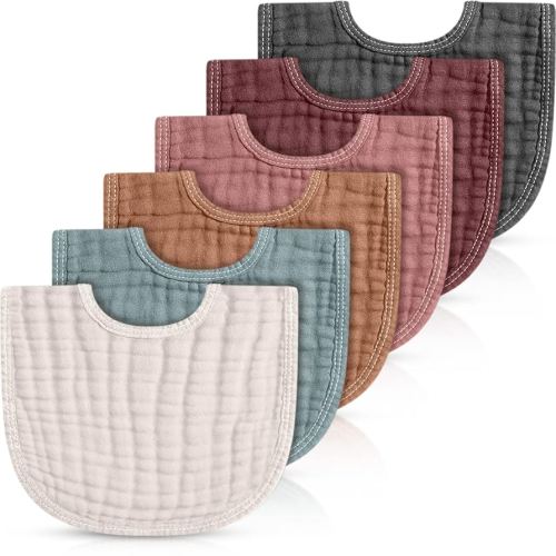 Frienda 6 Pcs Muslin Bibs Burp Cloths for Baby Teething Bandana Bibs 6 Absorbent Layer for Baby Boy Girl Cotton Burping Cloth(Elegant Color)