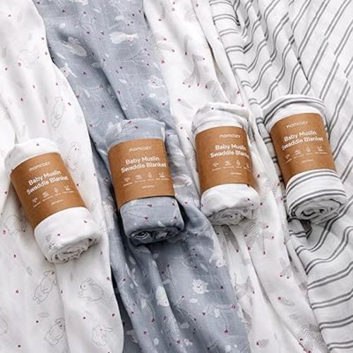 Momcozy Muslin Swaddle Blankets, 4 Pack, Ultra Soft, Neutral Matching, Breathable 2-Layer Gauze Large 47'' x 47'' Baby Swaddling Receiving Blanket Wraps for Newborn Boys Girls, Rabbit