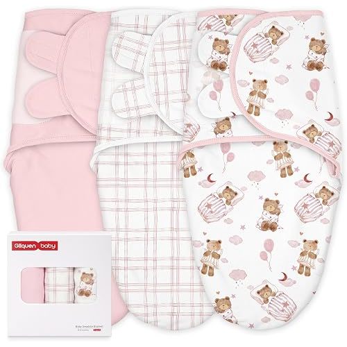 GLLQUEN BABY Swaddles for Newborns Organic Cotton, Soft Baby Girl Swaddles 0-3 Months, Womb-Like Sleep Sack Wrap Nursery Swaddling Blankets Pink Bear