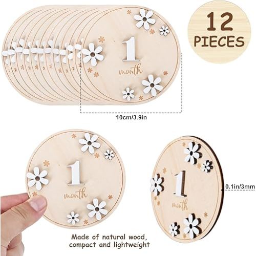 Whaline 12Pcs Baby Monthly Milestone Cards 3D Daisy Wooden Marker Discs Rustic Baby Month Announcement Sign for Baby Pregnancy Growth Photo Prop, 3.9 x 3.9 Inch