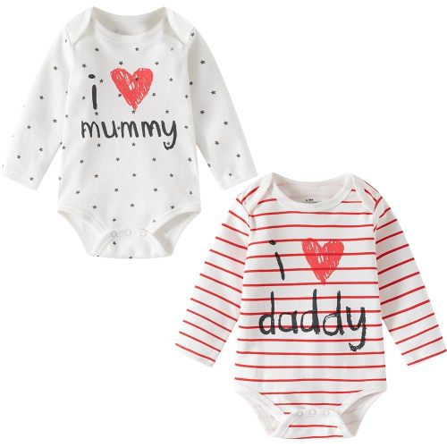 AOMOMO Baby Bodysuits Set of 2, I Love Daddy and Mummy Design, Long Sleeve Vests for Boys and Girls (White, 0-3 Months)