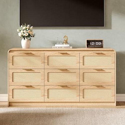 Mid Century Modern Dresser,Rattan 9 Drawers Dresser for Bedroom, 59" Wide Wood Dressers & Chests of Drawers/Curved Profile Design, Natural Texture for Bedroom, Living Room, Warm Wood
