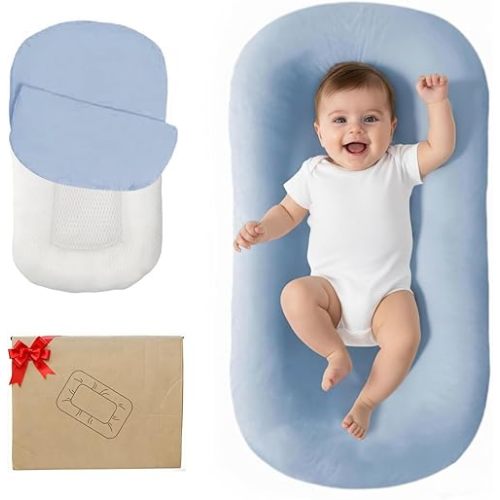 Lucakuins Infant Support Cushion, 0-24 Months Newborn Baby Support Cushion with Cover, Portable Playing Time Mat for Home and Travel, Soft Cotton, Supervised Use, Baby Essentials Gift (Blue)