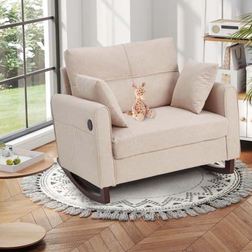 Rocking Chair, Upholstered Nursery Rocking Chair with High Back and Side Pocket USB Port, Double Wide Rocker Glider Chairs with Wood Legs for Living Room, Bedroom, Nursery, Beige