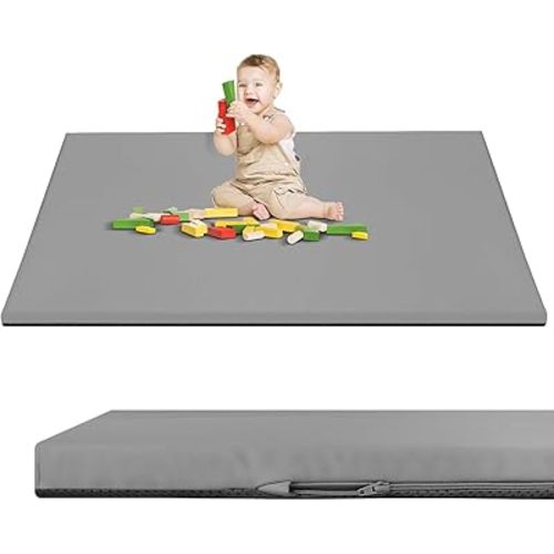 Baby Play Mat 50" X 50",Premium Foam Crawling Mat, Thick & Super Soft Vegan Leather Floor Mat,Non-Slip Cushioned Baby Playmat for Infants, Babies, Toddlers,Mat for Living Room(Gray)