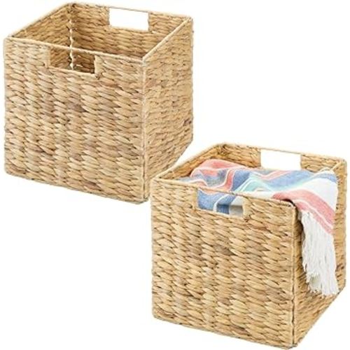 mDesign Woven Hyacinth Durable Closet Storage Organizer Basket Bin - for Cube Furniture Shelf Organizing in Bedroom, Bathroom, Office - Holds Clothes, Blankets, 2 Pack - Natural
