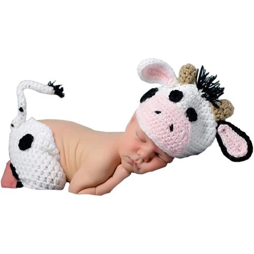 Newborn Baby Photo Props Boy Girl Photo Shoot Outfits Crochet Costume Infant Knitted Clothes Cow Hat Pants