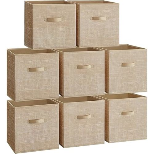 SONGMICS Storage Cubes, 13-Inch Non-Woven Fabric Bins with Double Handles, Set of 8, Closet Organizers for Shelves, Foldable, for Clothes, Sand Beige UROB833K03