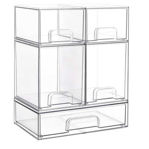 Vtopmart Stackable Storage Drawers Set of 5, Clear Plastic Organizer Bins for Baby Bottle, Beauty Supplies Storage, Ideal for Kichen Countertop, Vanity, Bathroom, Cabinet, Pantry Organization