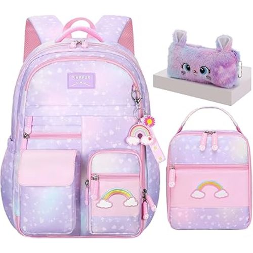 3Pcs Kids Backpack For Girls,Cute Rainbow Student School Backpack With Lunch Bag Pen Bag Set (Purple Medium 16.5in