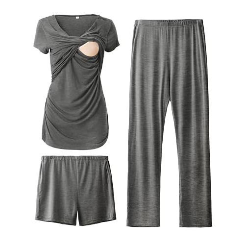 SUNNYBUY Women's Maternity Postpartum Pajamas Set, Breastfeeding Tops,Adjustable Pregnancy Shorts & Pants 3 Piece Nursing PJS