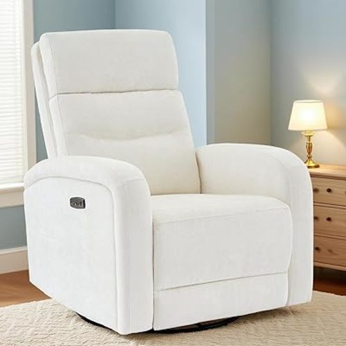 Power Swivel Rocker Recliner Chair for Nursery, Electric Rocking Reclining Chair, Upholstered Glider Nursery Recliner for Living Room, Bedroom, Chenille White