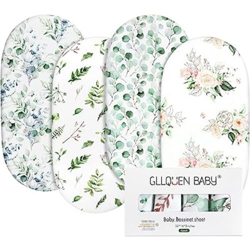 Gllquen Baby Bassinet Sheets 4 Pack, Breathable Cozy Fitted Mattress Sheet, Elastic Travel Crib Fashionable Floral Pattern, Standard Cradle Safe Sheets for Baby Boy Girls 32"X16"(Greenery)