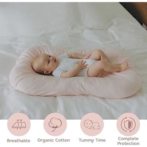 Aila + Aiden Baby Lounger | Organic Cotton Infant Lounger | Adjustable & Portable Floor Lounger | Supervised Use | Soft, Breathable, Washable Cover - Snuggle Collection - (Pink)