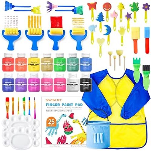 Shuttle Art Washable Kids Paint Set - 46 Pack with 14 Colors (60ml), Brushes, Finger Paint Pad, Sponge, Palette, Smock, Non-Toxic for Toddlers