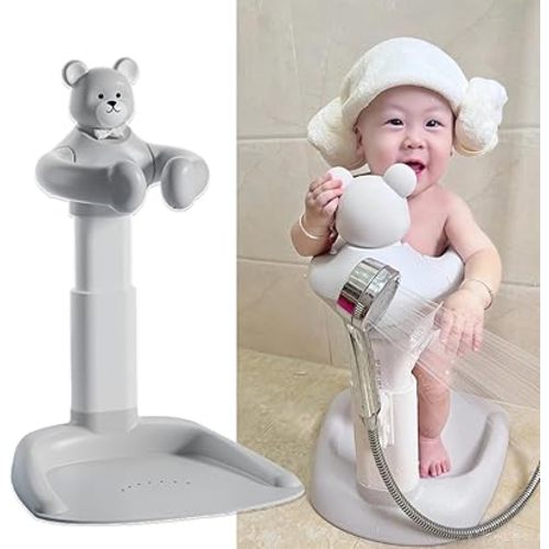 Baby Shower Stand with Anti-Slip Base, Huggable Bear Bath Support, Portable Bath Helper for Infants & Toddlers - Easy to Use, Durable Baby Bath Aid for 8M-36M (Gray)