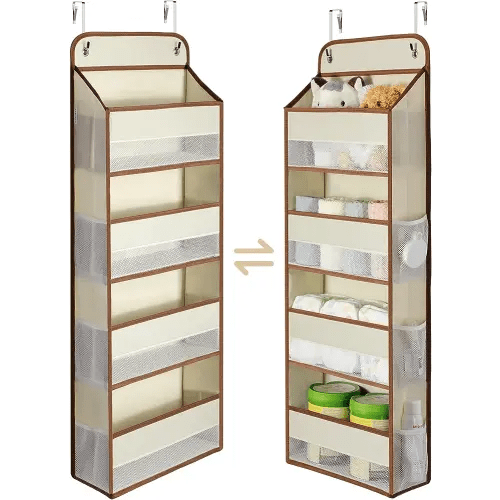 Yecaye 1 Pack Over the Door Storage Organizer, 35.2lbs Load Closet Door Organizer Hanging, No Sagging Bathroom Organizer with 4 Bins 6 Side Pockets, Door Storage for Nursery Baby Essentials, Beige