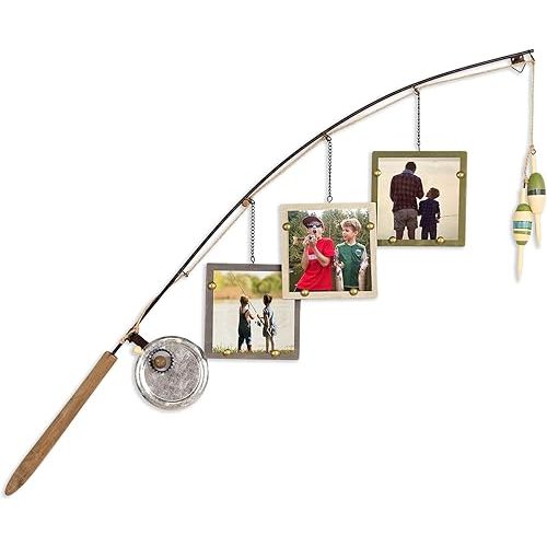 Young's Inc. Wood Fishing Pole Picture Frame Display with Three 4” x 4” Frames - Wall Decor – Hanging Picture Frames