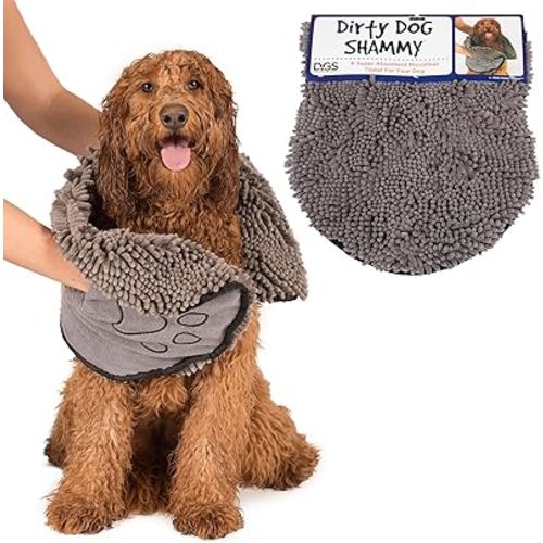 Dog Gone Smart The Dirty Dog Shammy - Fast Drying Plush Shammy Towel with Dual Hand Pockets and Elastic - Super Absorbent Microfiber and Machine Washable - Grey