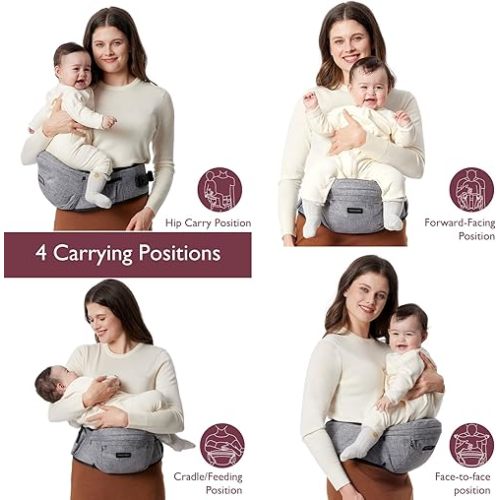 Momcozy Hip Seat Baby Carrier - Adjustable Waistband with Original 3D Belly Protector, Ergonomic Carrier with Various Pockets for Toddlers up to 45lbs (Grey, Medium 27-45IN)