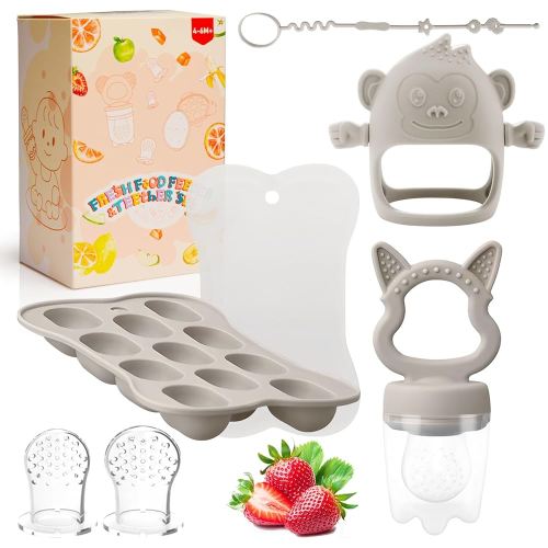 Baby Teething Relief Toys, Fruit/Food Feeder with Breastmilk Popsicle Molds &Teether Combo Food Grade Silicon for 6M+ Breastmilk Pops, Frozen Fruit, Teether Toys Baby Gift