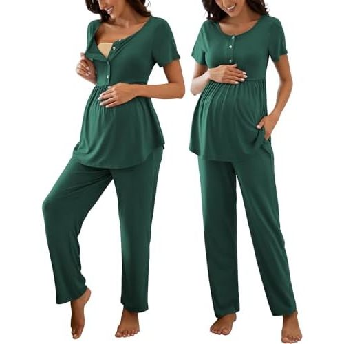 JiniGolla Women's Maternity Nursing Pajama Set Breastfeeding Loungewear Mama Clothes Short Sleeve Top & Pants Pregnancy PJS