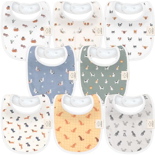 8-Pack Organic Baby Bibs for Boys, Girls - Soft Cotton Drooling and Teething Baby Bibs, Baby Girl Bibs, Baby Boy Bibs, Baby Drool Bibs for Baby Girl, Boy, Newborn Infant Bibs (Pets & Paws)